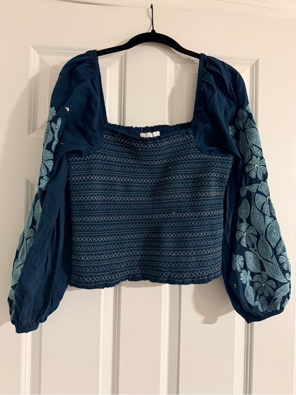 Anthropologie Embroidered Navy Square-Neck Puff Sleeve Blouse - Women